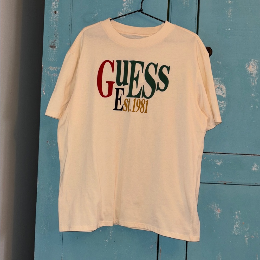 GUESS Beige Graphic Tee with Multicolor Logo